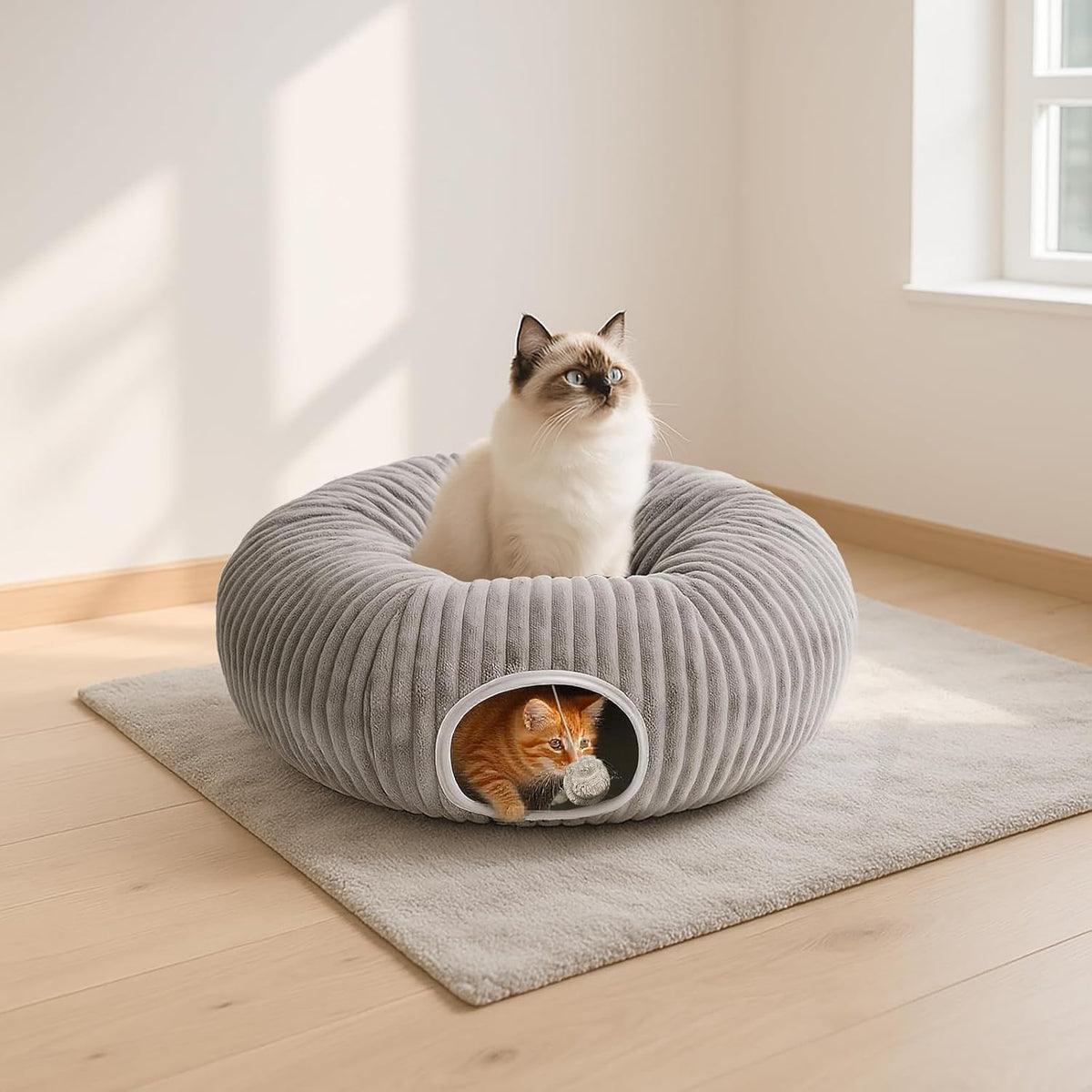 Cat Tunnel Bed for Indoor Cats, Peekaboo Cat Cave Bed,Soft Cat Donut Tunnel for Kitten Large Cats