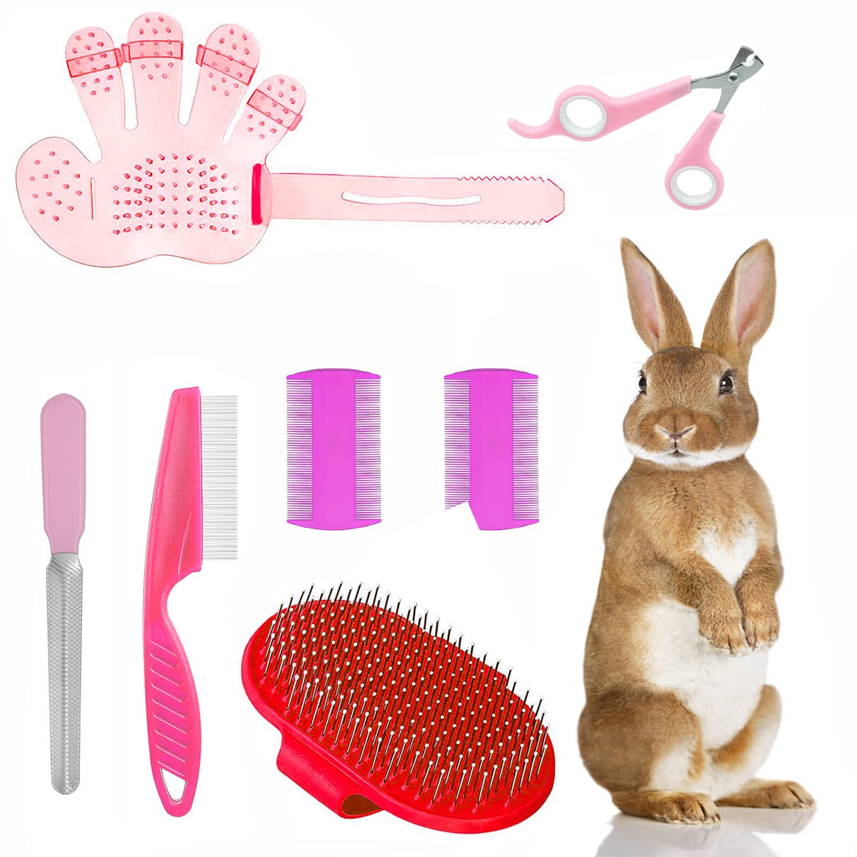 7-Piece Small Pet Grooming Kit: Brush, Nail Clippers, Hair Remover, Shampoo Brush with Hand Strap