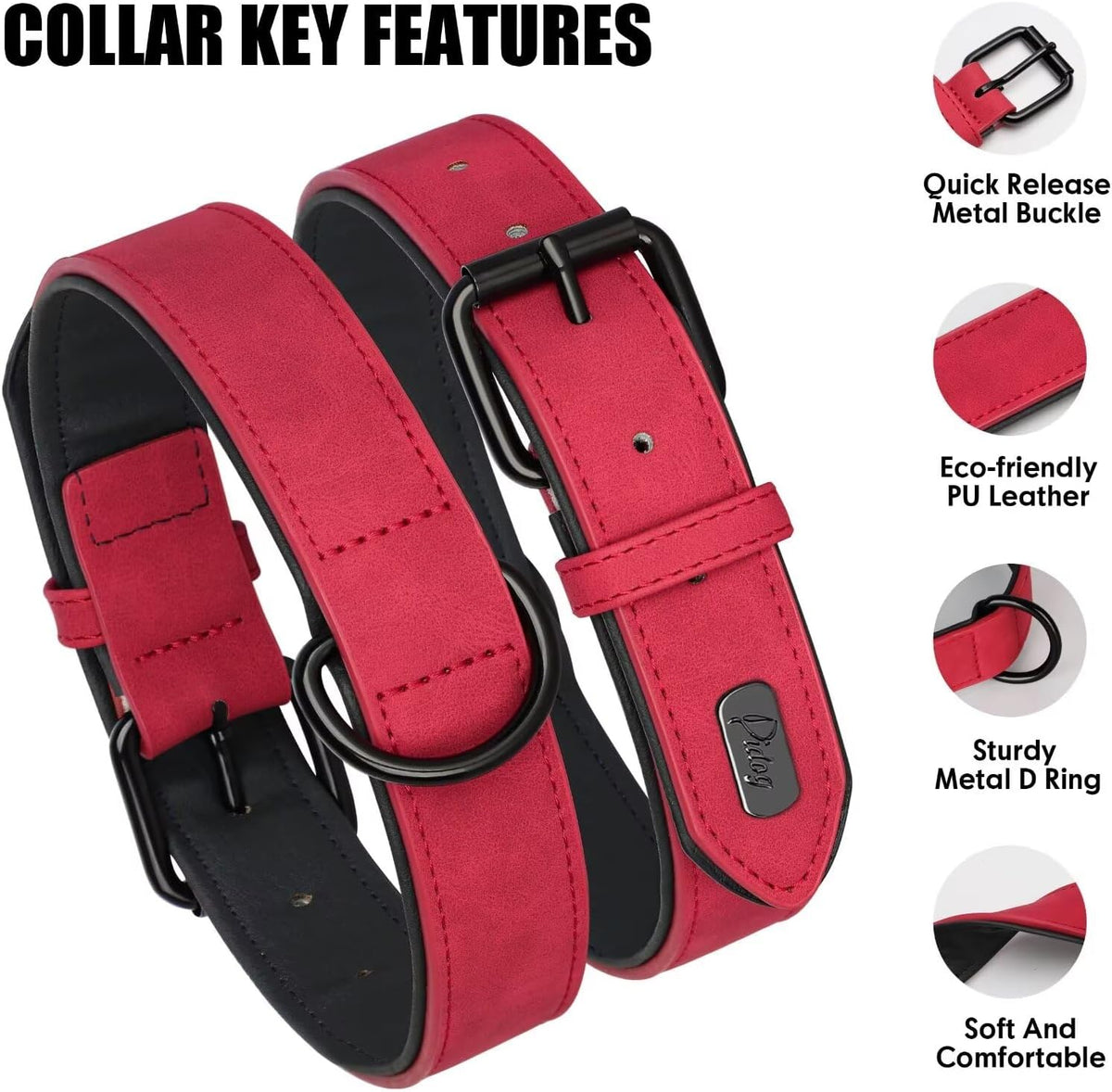 Didog Soft Padded PU Leather Dog Collar, Breathable and Adjustable Red Dog Collar for Large Dogs
