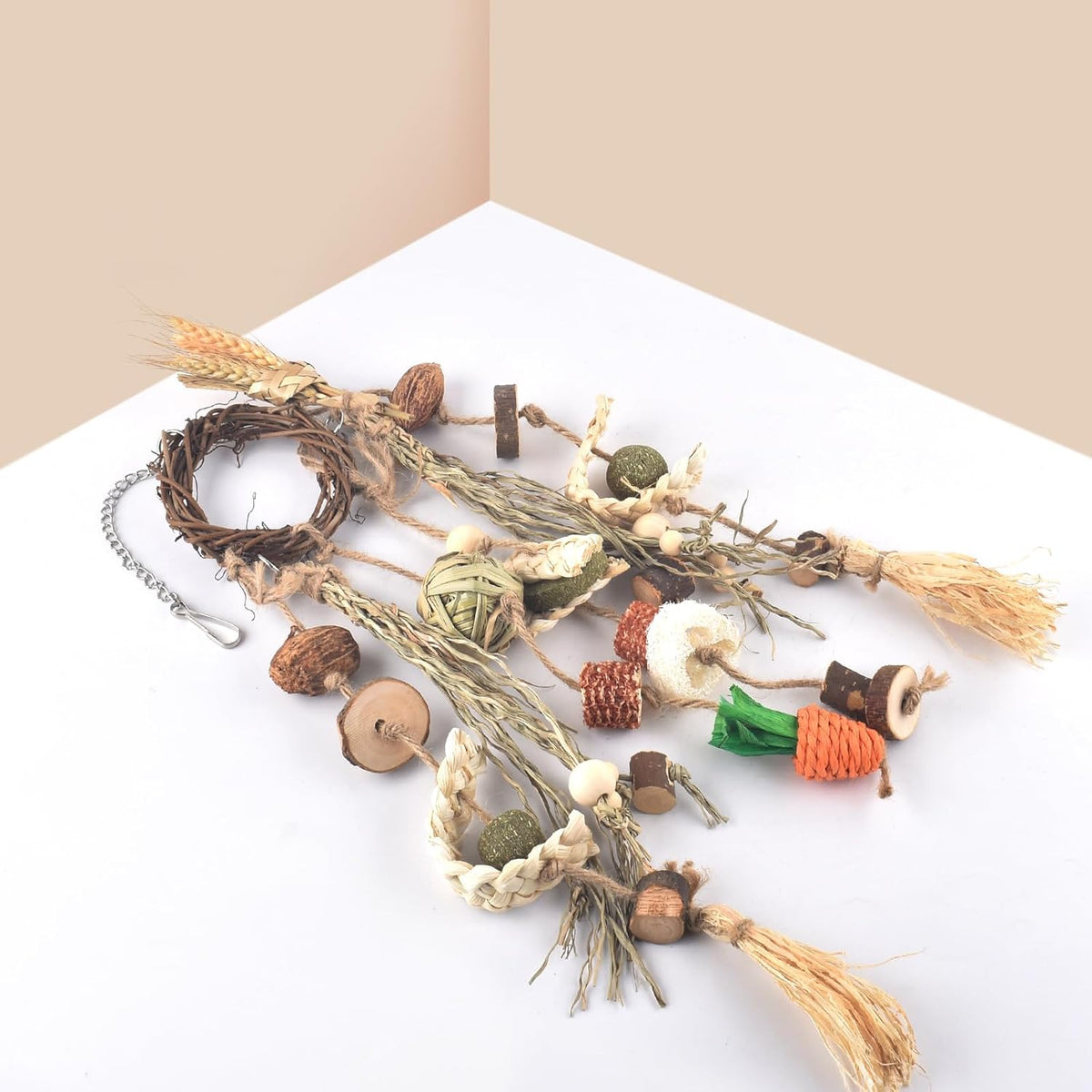 Bissap Bunny Chew Toy, Rabbits Cage Hanging Chew Toys and Treats Rattan Ring with Snacks Water
