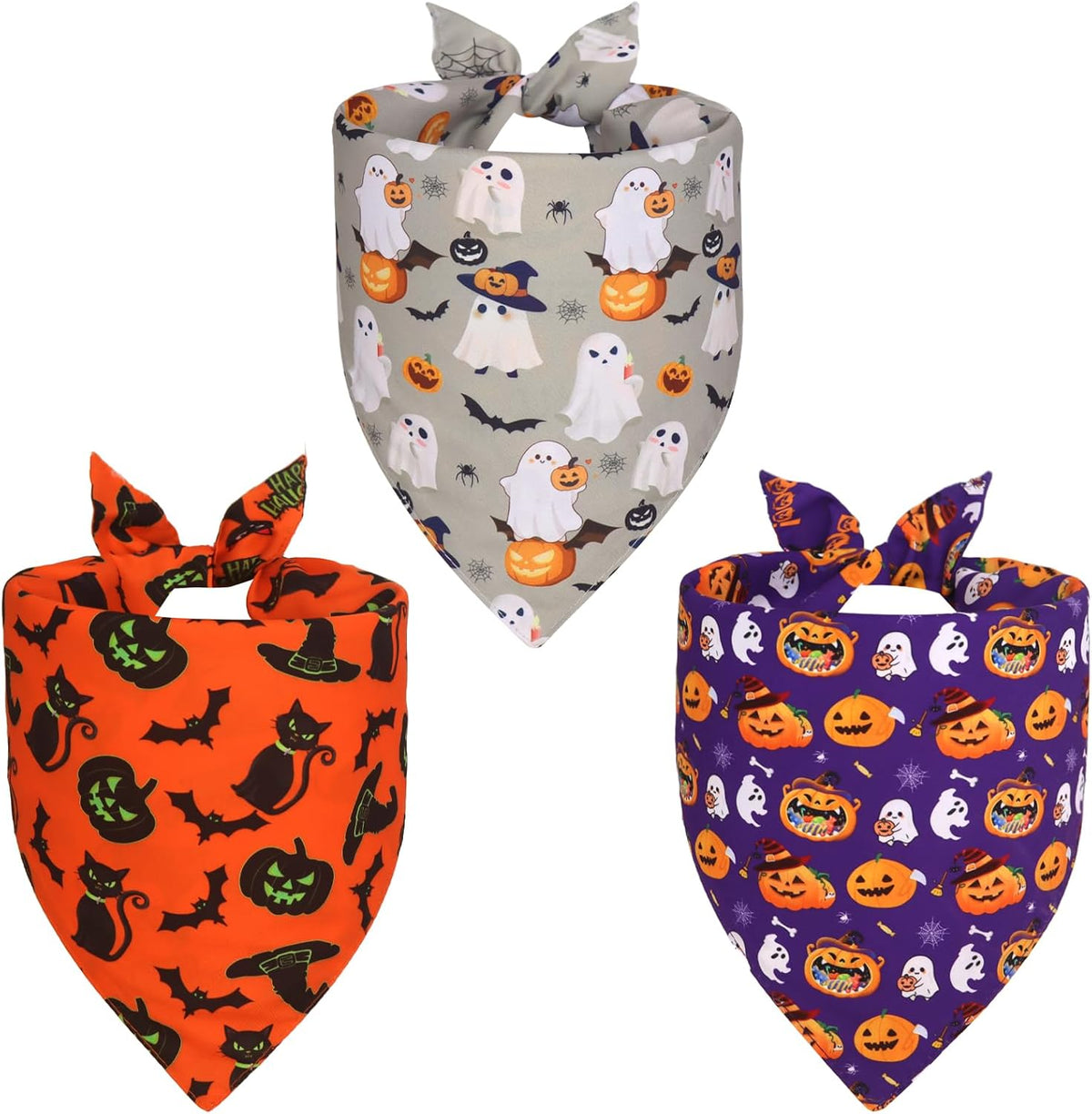 Halloween Dog Bandanas XLarge 3PCS, 6 Pattern Fall Scarf for Boy and Girl, Triangle Reversible Bibs