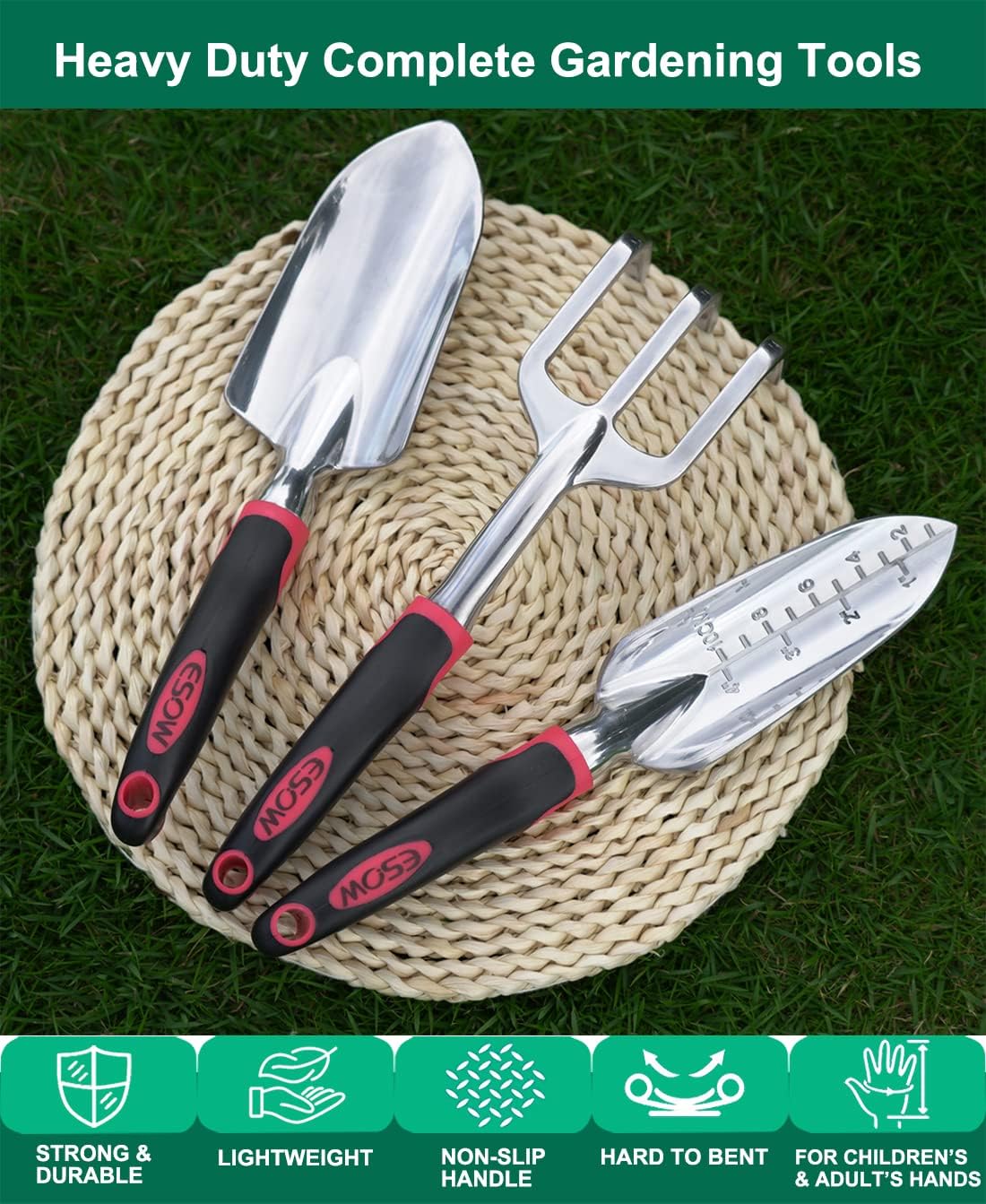 ESOW Garden Tool Set with Non-Slip Rubber Handle, 3 Piece Cast-Aluminum Heavy Duty Gardening Kit