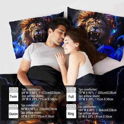 Lion Blue Comforter Set King,Lion Bedding Set Boys,Animal Print Comforter Bedroom Decor for