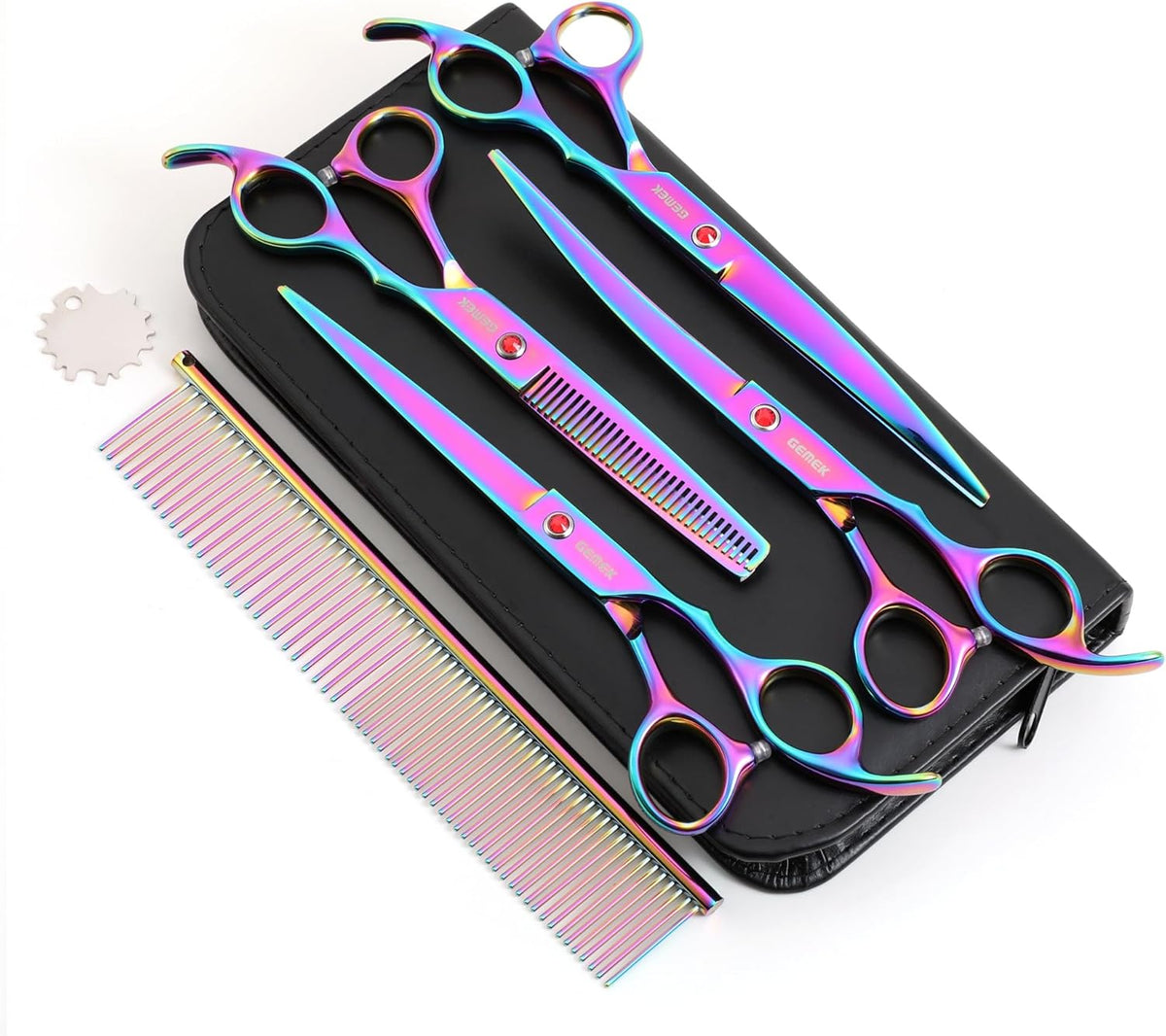 7.0in Titanium Professional Pet Grooming Scissors Set, GEMEK 6 in 1 Straight & Thinning & Upwards