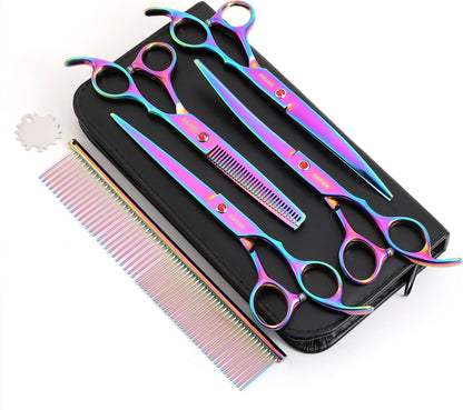7.0in Titanium Professional Pet Grooming Scissors Set, GEMEK 6 in 1 Straight & Thinning & Upwards