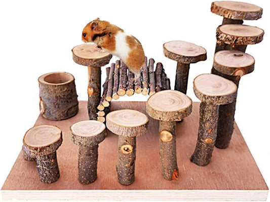 Wooden Chinchilla Platform Toy - Activity Playground Stand Ladder Hideout Set Bridge Ramps Chew