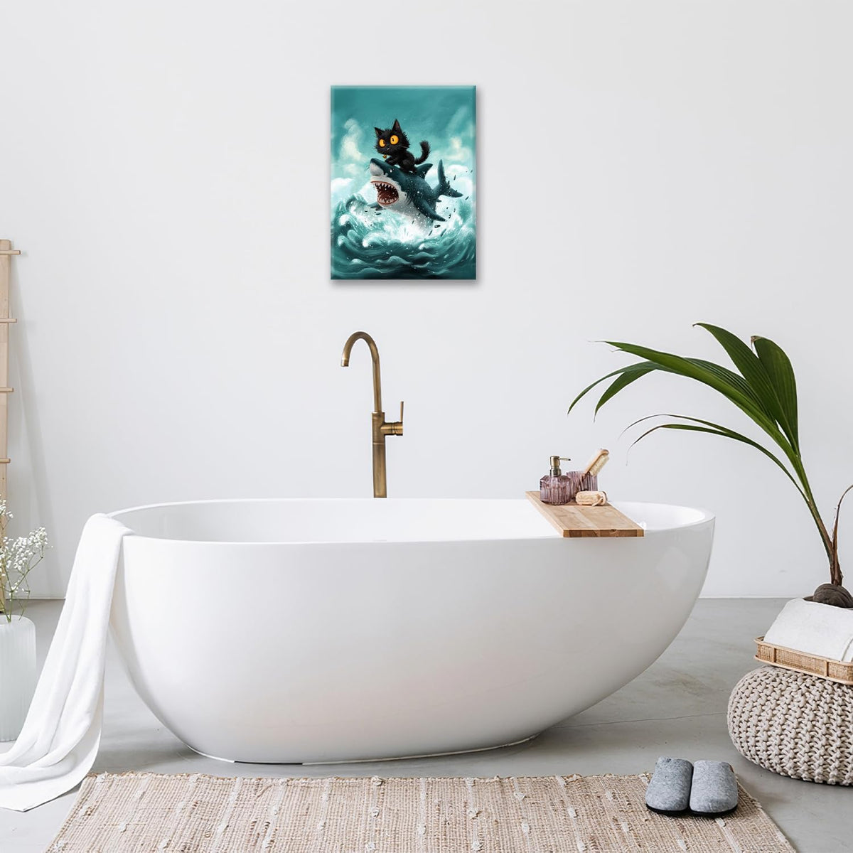 Funny Black Cat Bathroom Wall Art Cute Cat Riding Shark Canvas Wall Decor Animal Kitten Pictures