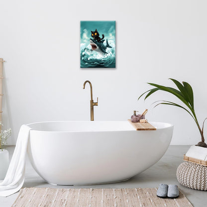 Funny Black Cat Bathroom Wall Art Cute Cat Riding Shark Canvas Wall Decor Animal Kitten Pictures