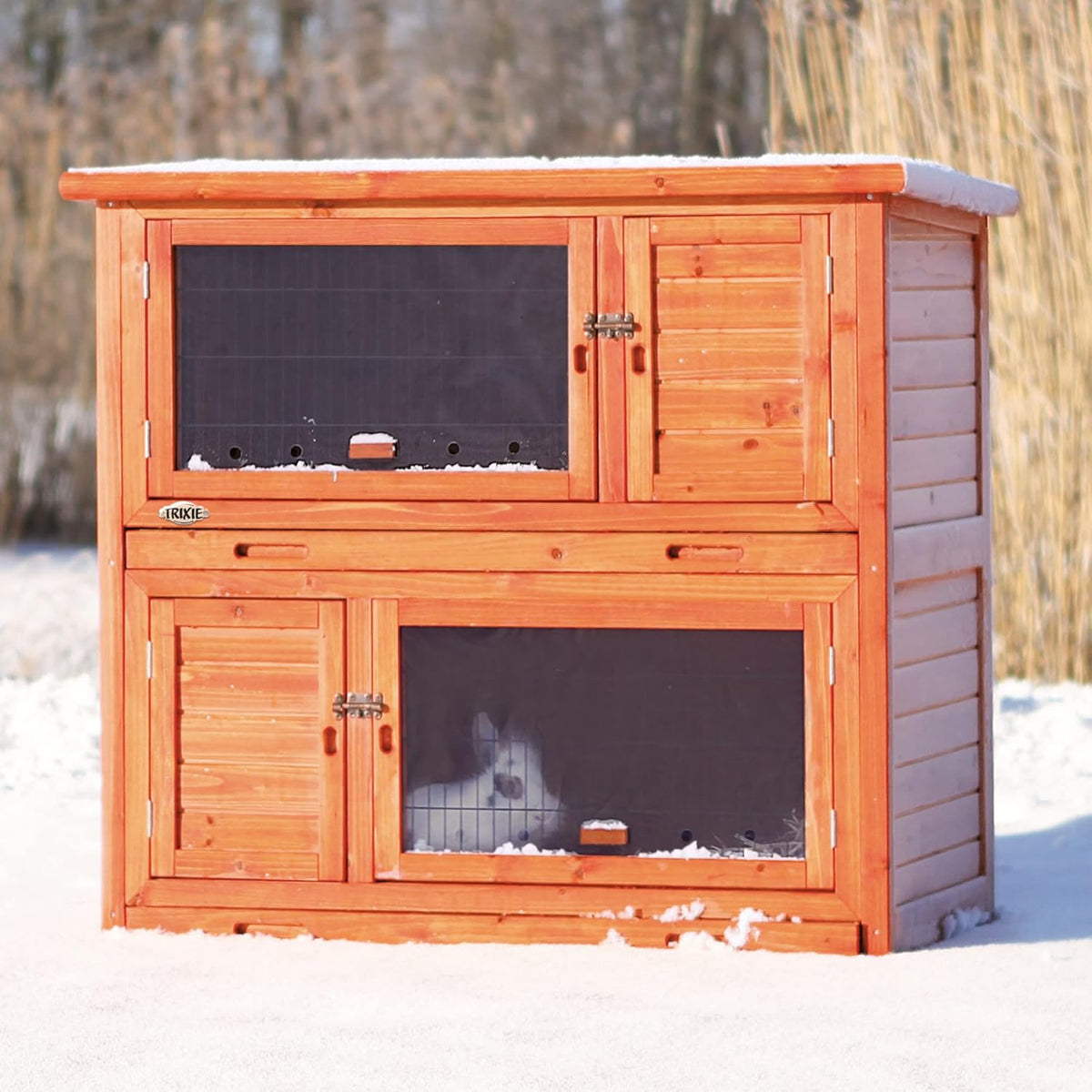 TRIXIE natura Insulated Rabbit Hutch, 2-Story Outdoor Bunny House, Small Animal Hutch with Ramp