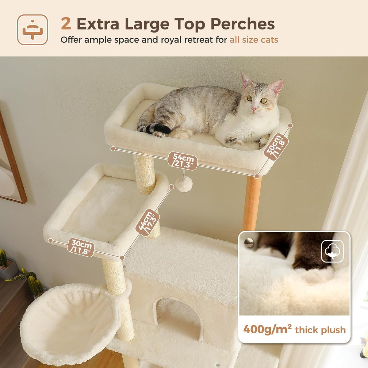 PAWZ Road Large Cat Tree, 73 Inches Tall Wooden Cat Tower with 2 Spacious Hammocks,2 Big Top Beds,8
