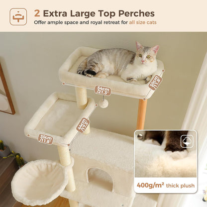 PAWZ Road Large Cat Tree, 73 Inches Tall Wooden Cat Tower with 2 Spacious Hammocks,2 Big Top Beds,8