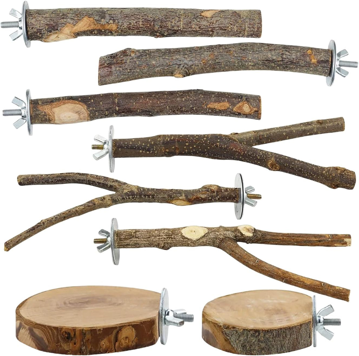 8-Piece Set Natural Wood Bird Perches - Wooden Parrot Stand with Fork Toys, Hanging Multi-Branch