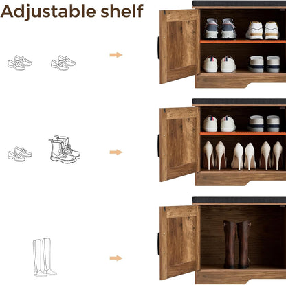 2-Tier Storage Bench, Shoe Bench with Padded Seat Cushion, Entryway Bench with 4 Barn Doors