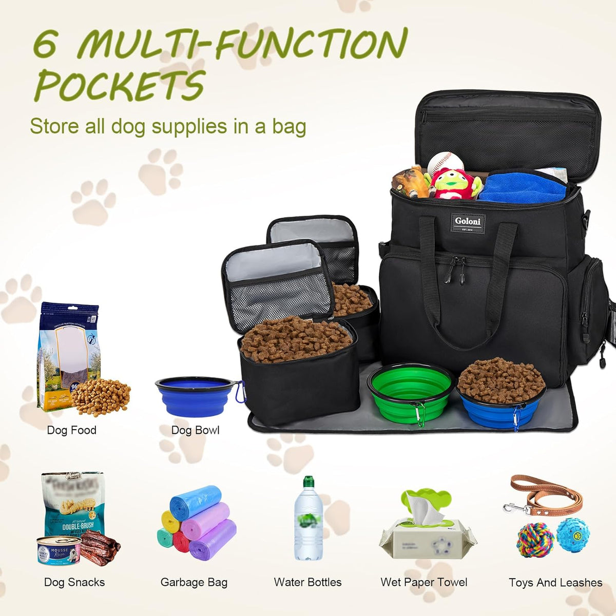 Dog Travel Bag Airline Approved–Pet Travel Tote with Collapsible Bowls,Food Containers & Feeding