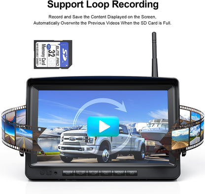 Fookoo 1080P 9" Wireless Backup Camera System, 9" HD Dual/Quad Split Monitor with Recording, IP69