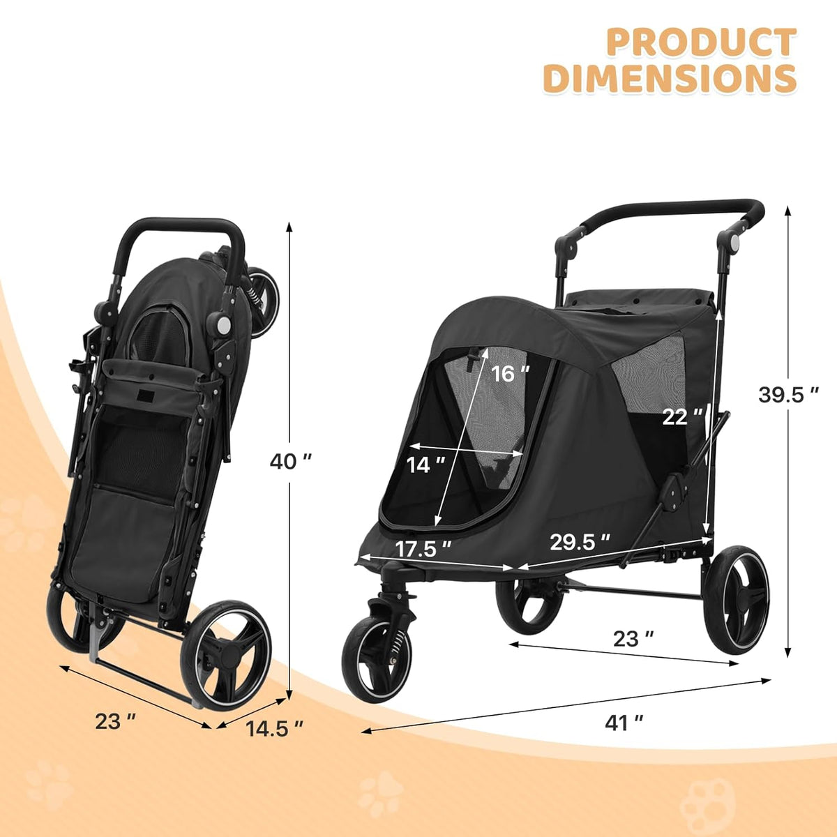 Magshion Pet Stroller for Medium Dogs w/Adjustable Handle, 3-Wheel Dog Cat Wagon w/Dual Entry, Rear