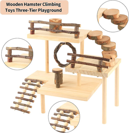 HOSUKKO Hamster Climbing Toys 3-Tier Extra Large Hamster Playground Natural Wooden Small Animal