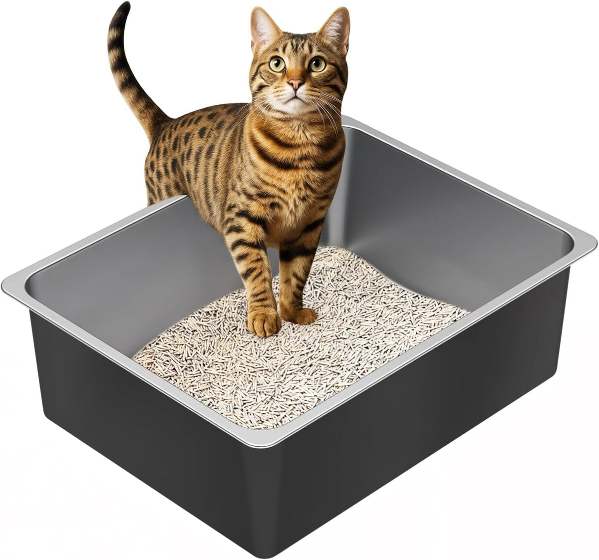 Ohtomber Stainless Steel Litter Box - High Sided Metal Cat Litter Box Pan, Never Absorbs Smell