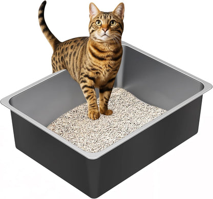 Ohtomber Stainless Steel Litter Box - High Sided Metal Cat Litter Box Pan, Never Absorbs Smell