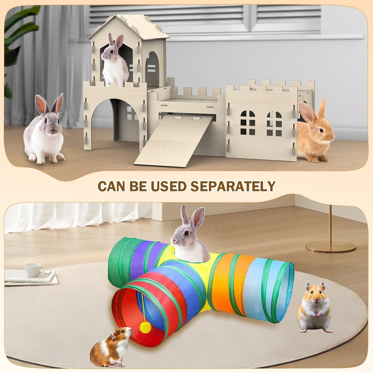 Large Bunny House and Hideouts, Wooden Dual-Layer Rabbit Castle with Stair, Rubber Band-Free Setup