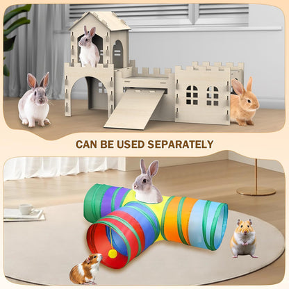 Large Bunny House and Hideouts, Wooden Dual-Layer Rabbit Castle with Stair, Rubber Band-Free Setup