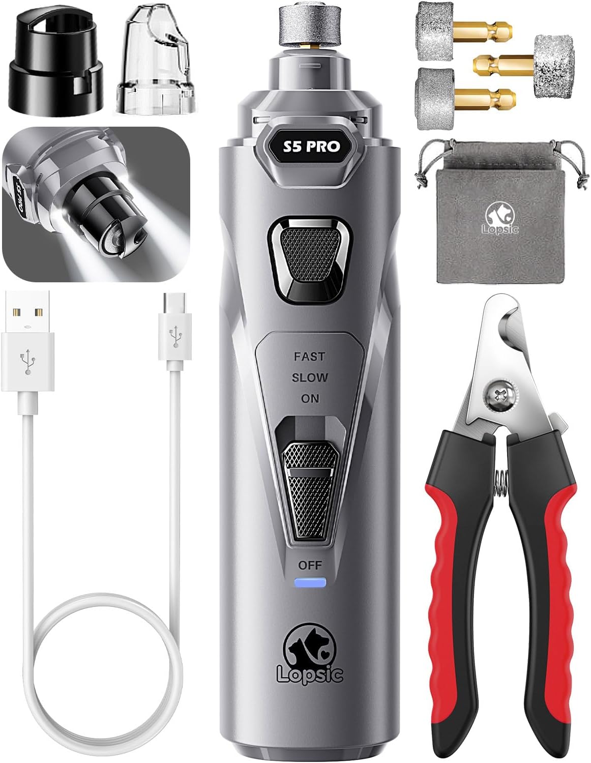 Dog Nail Grinder with 2 LED Lights Powerful 2 Speeds Super Quiet Dog Nail Trimmers with 3 Grinding
