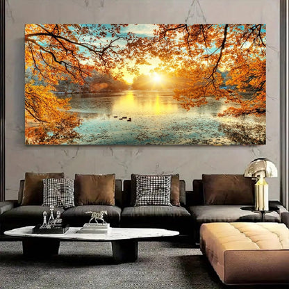 Yxbhhym-Landscape Tree Canvas Wall Art Fall Forest Sunset Wall Decor Poster Lake Water Pictures for