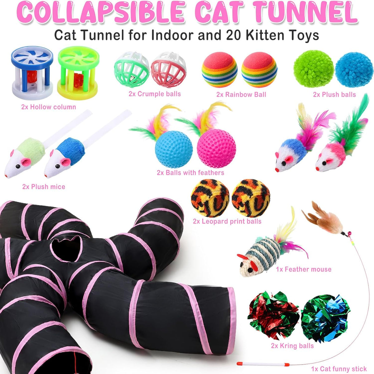 Poen 21 Pcs Cat Tunnel for Indoor Set Collapsible 5 Way Tubes with 20 Pcs Cat Kitten Toys