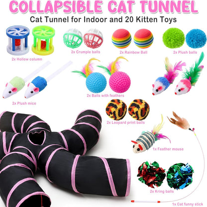 Poen 21 Pcs Cat Tunnel for Indoor Set Collapsible 5 Way Tubes with 20 Pcs Cat Kitten Toys