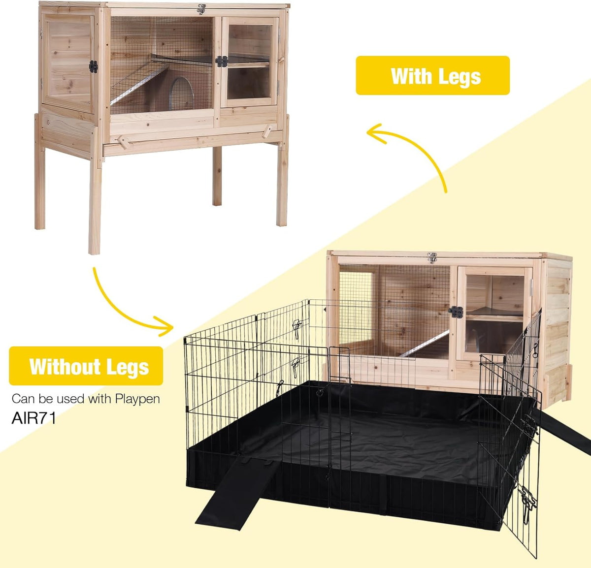 Aivituvin Wooden Guinea Pig Cages Indoor with Removable Stand, Anti Chewing Rabbit Hutch with Ramp