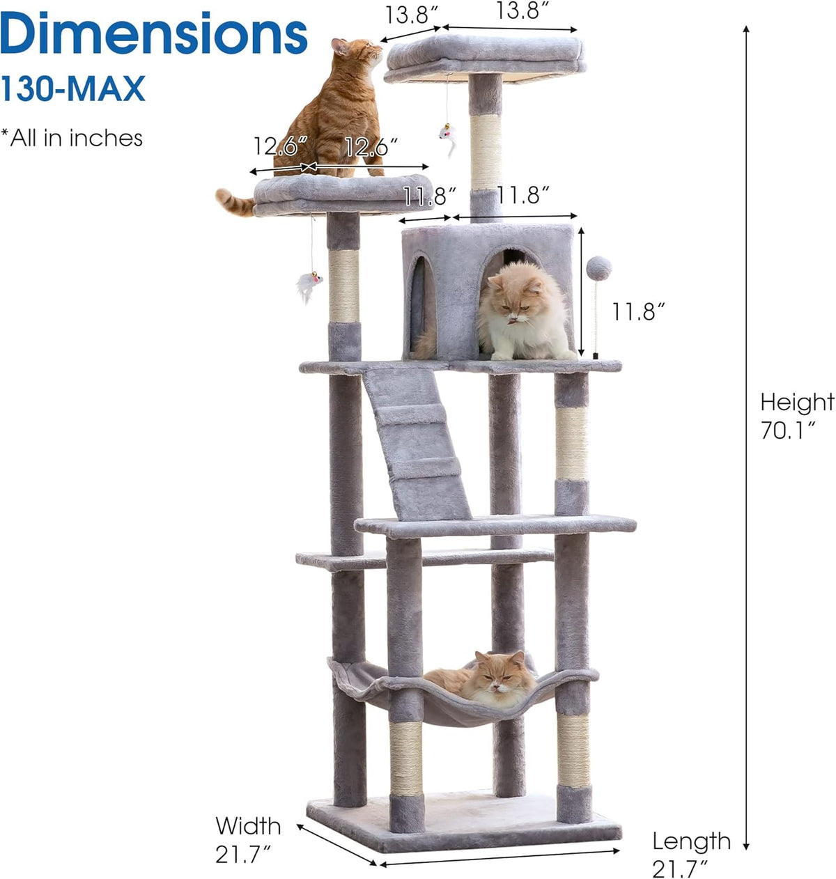 MWPO 70.1-Inch Large Cat Tree, Multi-Level Tall Cat Tower for Indoor Cats, Plush Cat Condo with Big