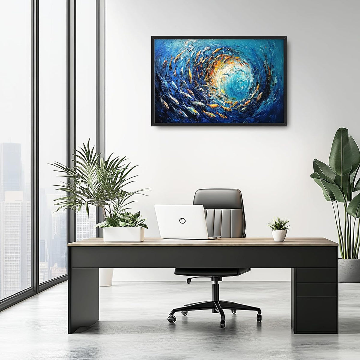 Extra Large Framed Abstract Ocean Fish Wall Art,Oversized Blue Sea Nautical Fish Wall Decor