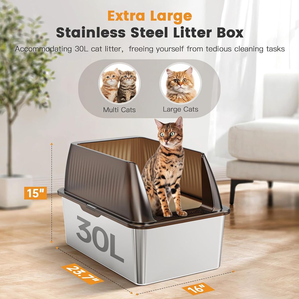 Tripamin 15” XL Stainless Steel Cat Litter Box Enclosure, XXL Stainless Steel High Sides with Lid