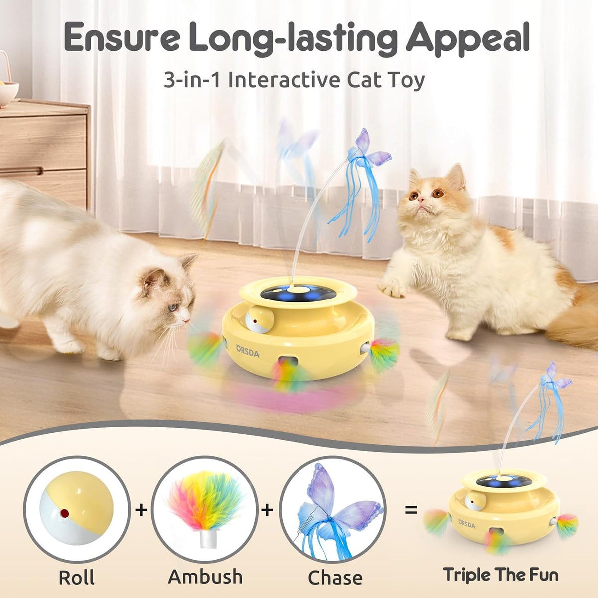ORSDA Cat Toy, 3-in-1 Automatic Interactive Electronic Moving Ambush Feather, Fluttering Butterfly