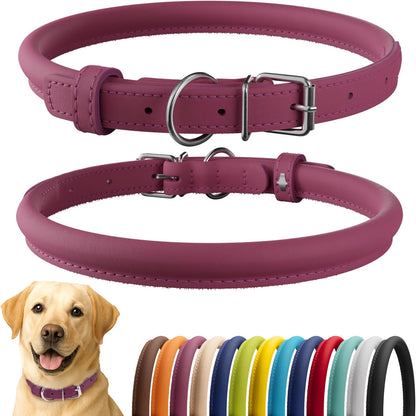 CollarDirect Rolled Leather Dog Collar, Soft Padded Round Puppy Collar, Handmade Genuine Leather