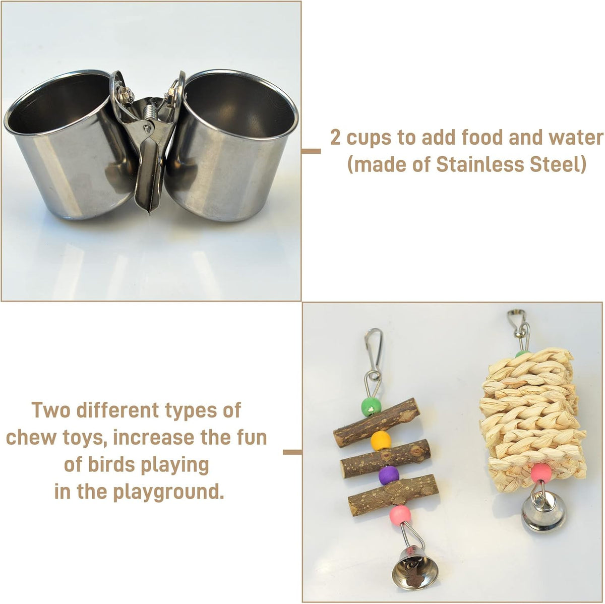 Natural Wood Bird Toys Playground, Bird Cage Accessories, Bird Perches, with Removable Tray and 2