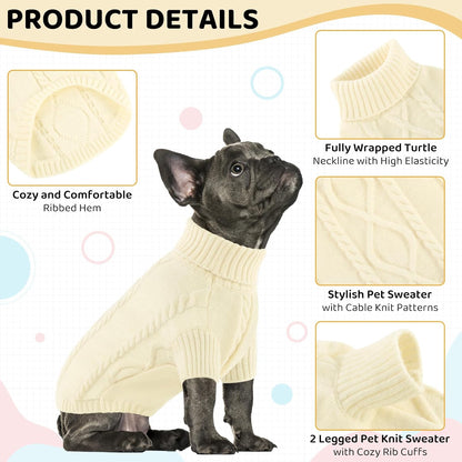 Queenmore Small Dog Pullover Sweater, Cold Weather Cable Knitwear, Classic Turtleneck Thick Warm