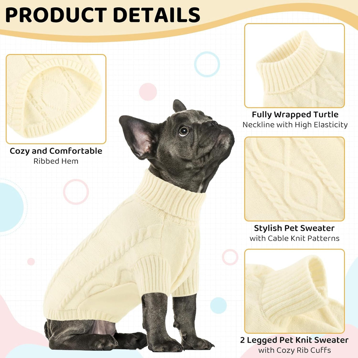 Queenmore Small Dog Pullover Sweater, Cold Weather Cable Knitwear, Classic Turtleneck Thick Warm