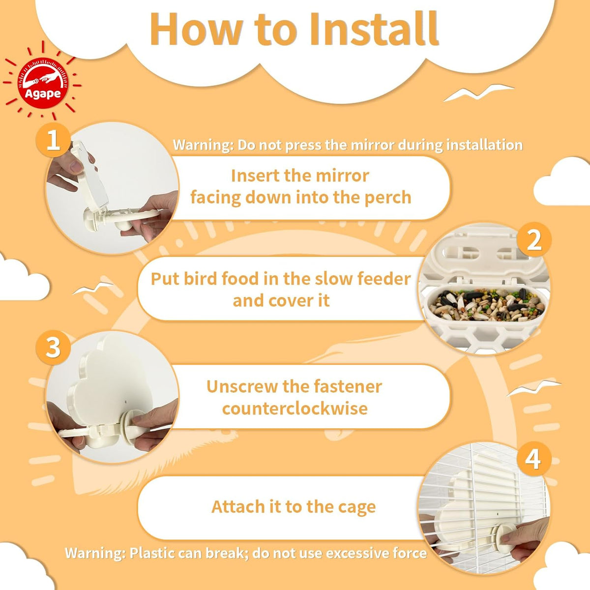 Agape Parakeet Mirror with Perch & Slow Feeder, Bird Cage Accessories for Small Parrots to Expend