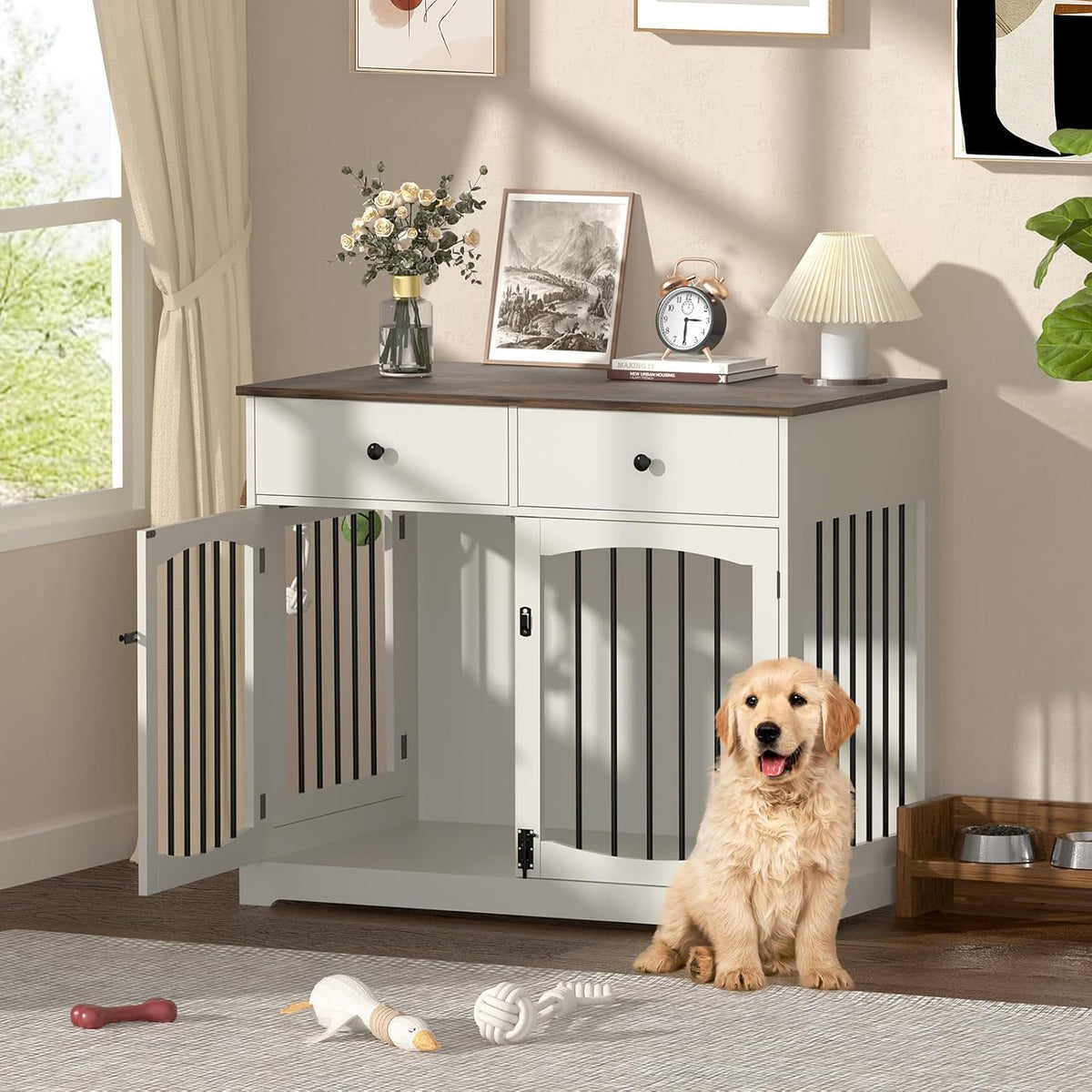 40 Inch Furniture-Style Dog Crate-Multipurpose Wood Pet Crate Furniture with Double Doors,2