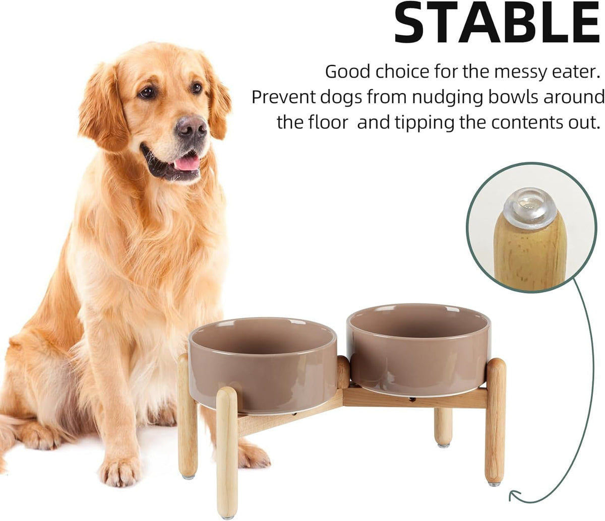 Ceramic 7.3inch Raised Double Bowls Set with Wooden Stand, Food & Water Bowls for Medium Breed
