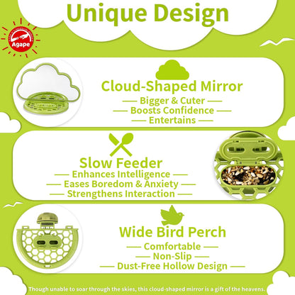 Agape Bird Mirror with Perch&Slow Feeder, Birds Toys for Boredom&Anxiety, Bird Cage Accessories for