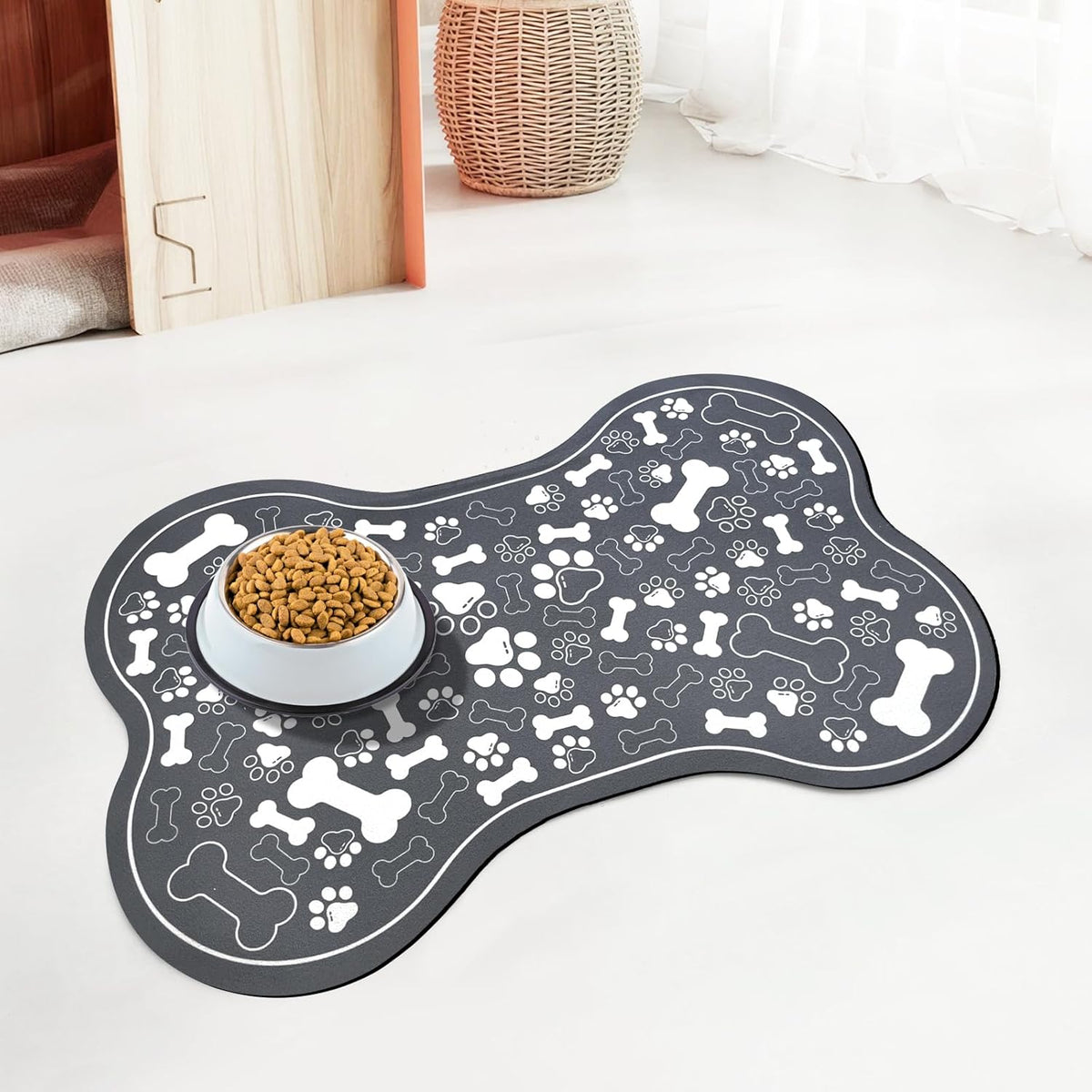 Dog & Cat Food Mat Bone Shaped Pet Feeding Mat Quick Absorb Water Bowl Placemat with Rubber Backing