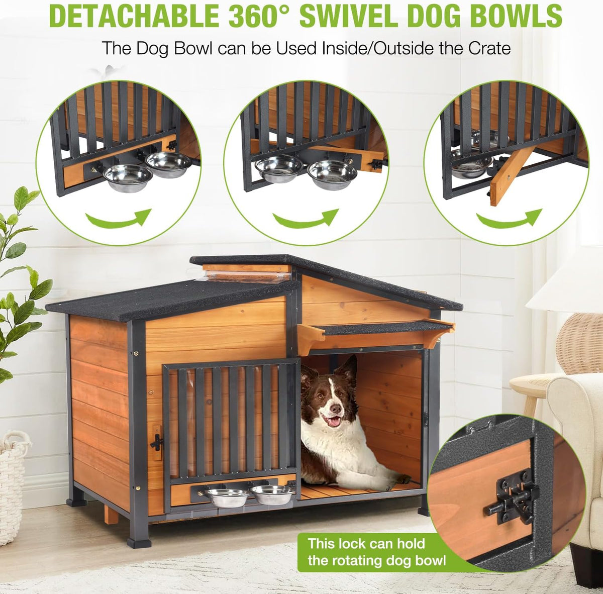 Heated Dog House Outdoor with Bowls Weatherproof Dog Kennel with Heating Pad Anti-Chewing Iron