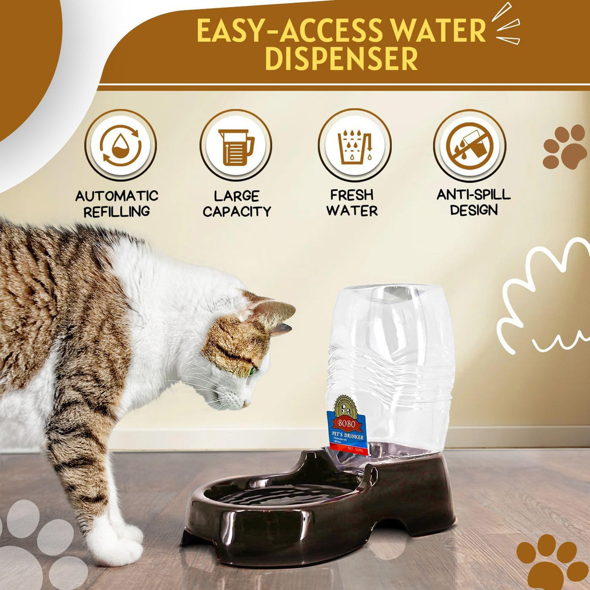 Flexzion Automatic Gravity Pet Waterer for Cat & Dog - Non-Skid & Easy-Clean Auto Replenish Water