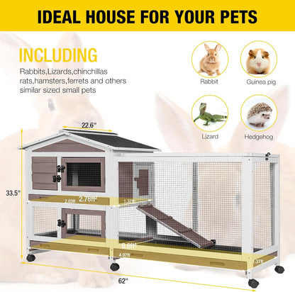 Aivituvin Rabbit Hutch Rabbit Cage Indoor with Casters Bunny Cage Outdoor for Small Animals with
