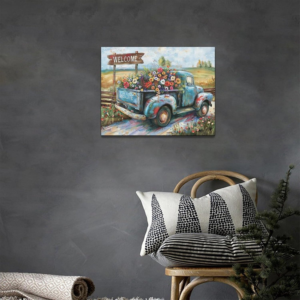 Farmhouse Truck Wall Art Rustic Country Wildflowers Wall Decor Road Flowers Landscape Pictures