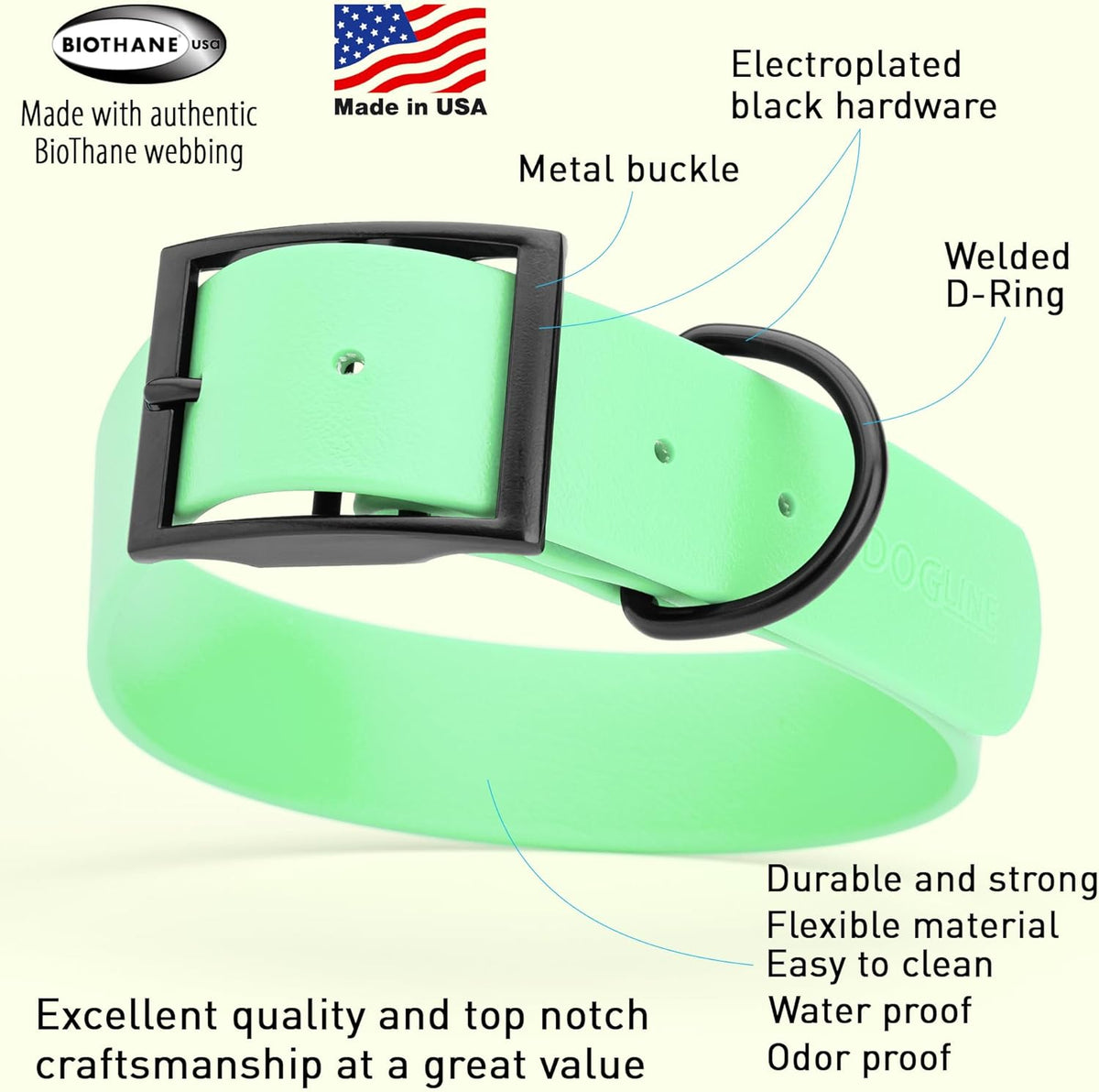 Dogline Biothane Waterproof Dog Collar Strong Coated Nylon Webbing with Black Hardware Odor- Proof