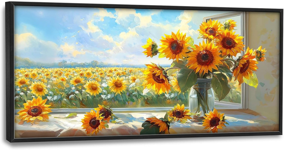 Large Sunflower Wall Art for Living Room, Framed Oversized Flower Field Wall Decor Nature Landscape