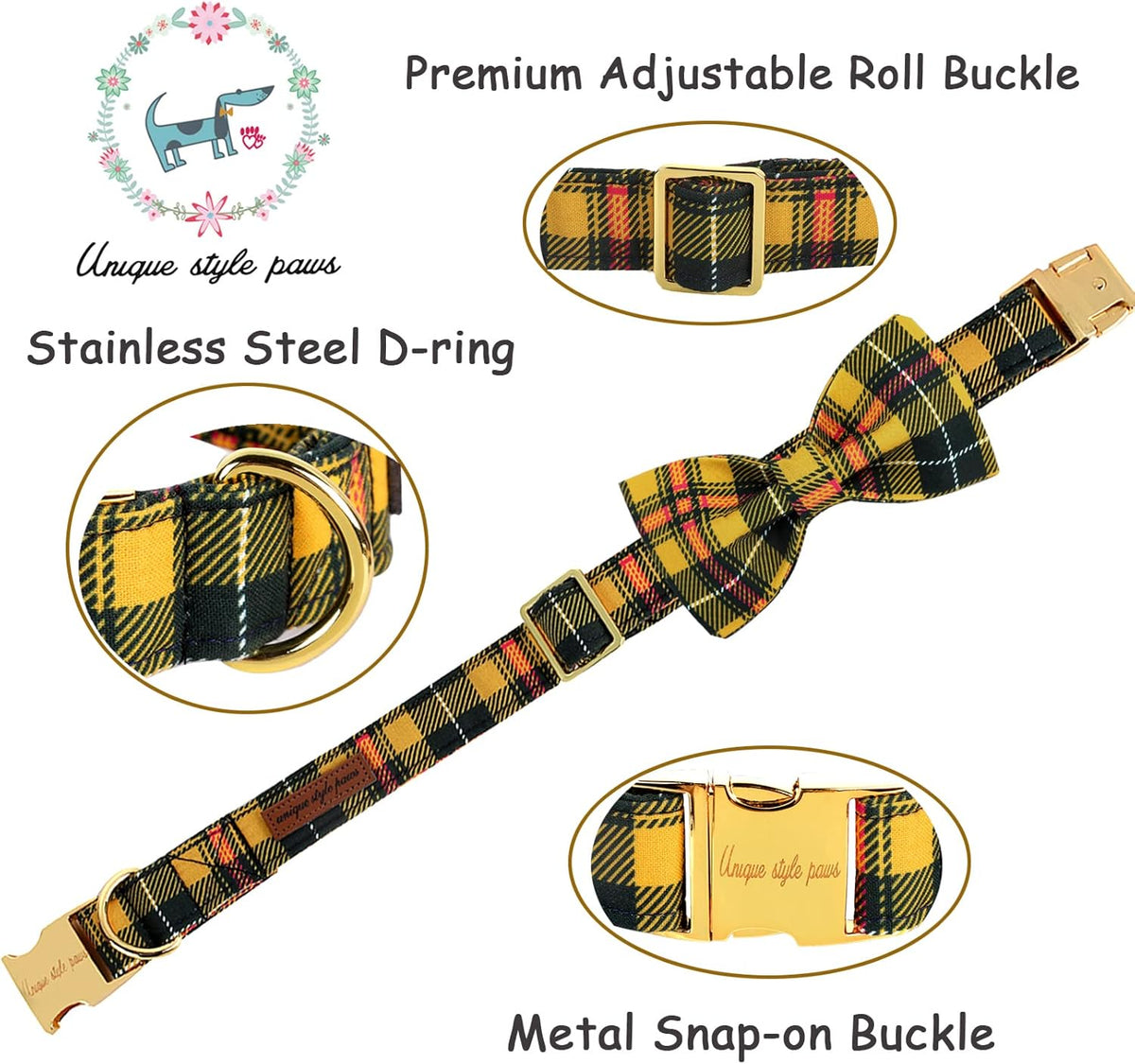 Unique style paws Bowtie Dog Collar Cotton Plaid Collar Adjustable Puppy Collar for Small Medium